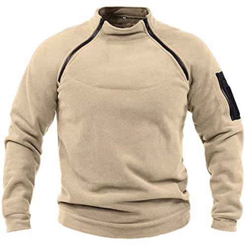 Giacca in pile militare da uomo, calda, tattica, da combattimento, con cerniera, antivento, pullover sportivo per pesca, escursionismo, maglione invernale in pile con tasca a marsupio, cachi, L