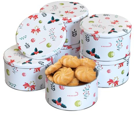 TangFee Chiristmas ornament Style Cookie Tin, 6Packs Metal Round Cookies Containers, Tin with Lid for Xmas, Multicolor 16.5 * 16.5 * 8.5Cm