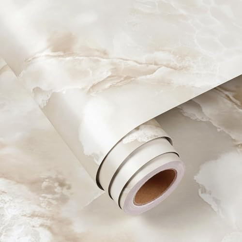 FunStick 60CMx5M Carta da Parati Adesiva Effetto Marmo Onice Crema Pellicola Adesiva Tavolo Cucina Impermeabile Carta Autoadesiva Marmo Crema Marrone Rotolo Adesivo per Mobili Cucina Piano Lavoro