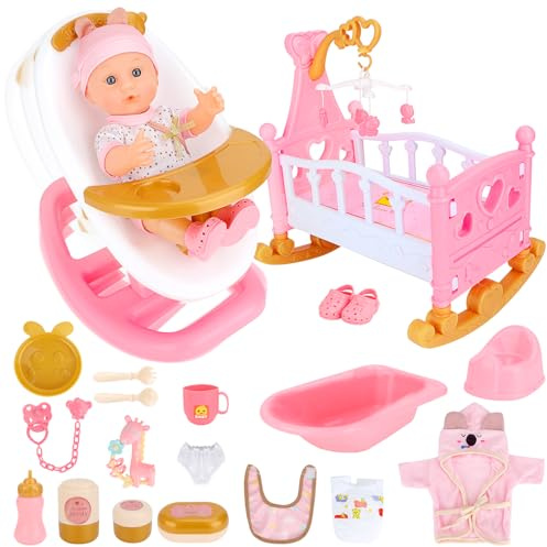 deAO Bambola con Accessori Set 21 Pezzi, Seggiolone per Bambole e Lettino per Bambole con Funzione a Dondolo, Bambola Baby da 12', Gioco di Ruolo Educativo, Regalo per Bambine 3 Anni