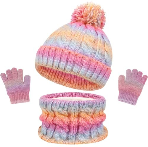 Aimisite Hat Scarf and Gloves Set Kids, 3 in 1 Knitted Mitten Fleece Lined Cap Neck Warmer for Boy Girl 3-10 Years (Pink-purple)