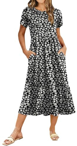 ZEAGOO Vestido Verano Manga Corta Medio-largo para Mujer Vestidos Holgado Cuello Redondo con Bolsillos Bohemio Elegante Vestido S-XXL