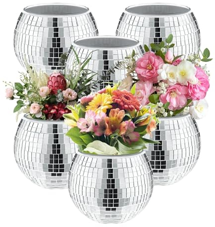 6 Pcs Disco Ball Vase Bulk, 8x10cm Disco Ball Planter Silver Ornaments | Reflective Mirror Glass Fragments; Sturdy Durable Structure; Versatile Planter & Candle Holder; Ideal for Wedding Centerpiece