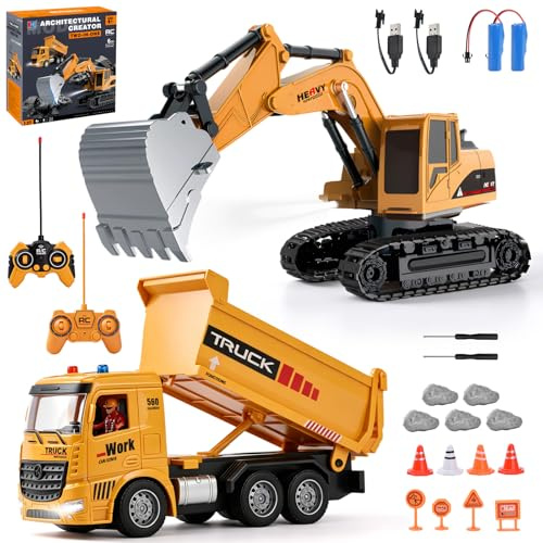 LTFIOON Camion Ribaltabile Telecomandato, 2.4GHz Veicolo da Costruzione RC per Bambini, Escavatore Radiocomandato con Barriere, Pietre Simulate, Luci e Rumori ecc, Giochi Bambini 4-12 Anni Regalo (A)