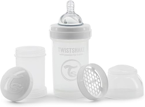 Twistshake Biberón Anti-cólicos con Tetina Flujo Lento de Silicona para Bebés, Alimentación Similar al Pecho, Botella para Beber de Leche, 180 ml, Sin BPA, 0+ Meses, Blanco