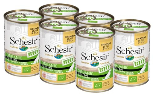 Schesir BIO, Alimento Completo Umido per Cani adulti, Patè di Pollo Selezionato senza Cereali - 6 lattine dal 400g (2,4kg totale)