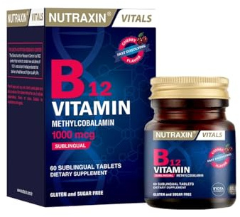 Nutraxin Vitamin B12 Sublingual Tablets, 60 Tablets - Fast-Dissolving, 1000mcg Highly Bioavailable Methylcobalamin for Energy, Immunity & Red Blood Cell Support - Vegan, Gluten-Free (1-Month Supply)