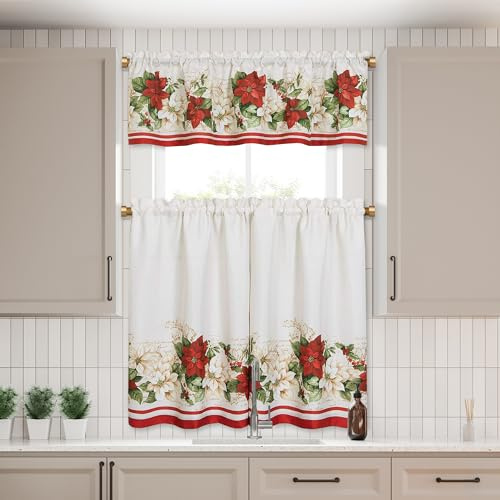 Elrene Home Fashions röd och vit julstjärna högtid jul kök/café och badnivåer och kappa, 3 delar set, 152 x 38 cm 76 cm x 91 cm vardera, elfenben