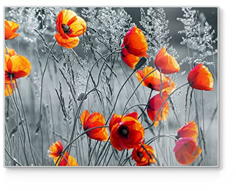 DEQORI Planche à découper en verre - Grande taille - 40 x 30 cm - Motif coquelicots rouges - Planche à découper design pour la cuisine - Planche à petit-déjeuner antibactérienne et antidérapante -