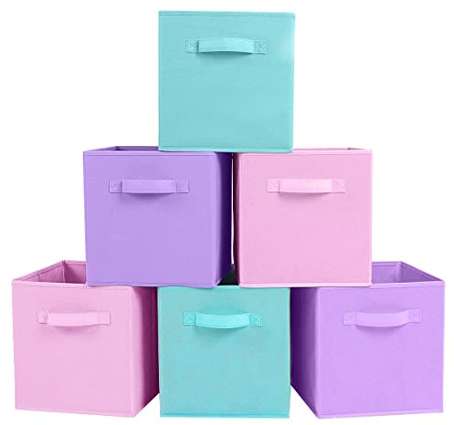PowerKing Collapsible Storage Cubes with Handles, Fabric Foldable Bins for Closet Shelves, Durable Organization Storage Bins, 10.5'' x 11'' x 10.5'' (Lavender+Light Blue+Pink, 6Pack)