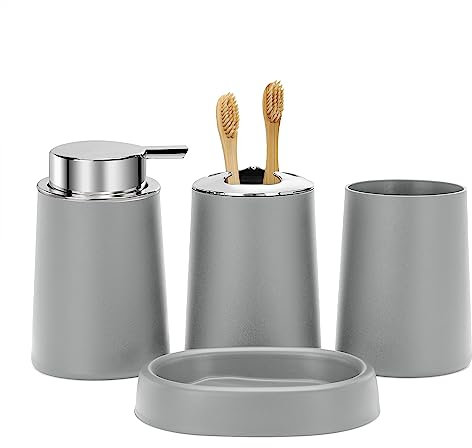 FEILANDUO Set di accessori per il bagno, 4 pezzi, dispenser di sapone e portaspazzolino, portasapone, tazza per spazzolino da denti, decorazione moderna per il bagno (grigio)