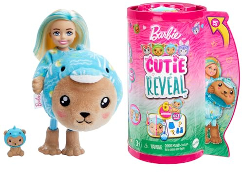 Barbie Chelsea Cutie Reveal Serie Disfraces Osito delfín Animal revela muñeca con mascota y accesorios sorpresa de moda, juguete +3 años (Mattel HRK30)