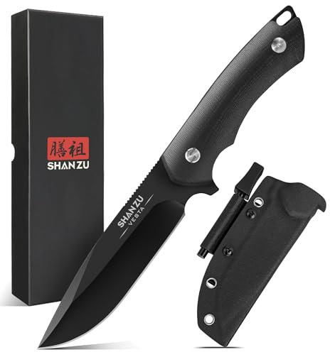 SHAN ZU Outdoor Messer Feststehende Klinge, Survival Messer Gürtelmesser Jagdmesser aus D2 Stahl mit Scheide und Feuerstahl, Perfektes Scharfes Camping Messer (Schwarz)