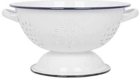 Argon Tableware Enamel Colander with Handles - 23.5cm - Green Rim - Metal Kitchen Strainers, Large Sturdy Base Food Strainer Colander Bowl for Pasta, Fruits, Vegetables