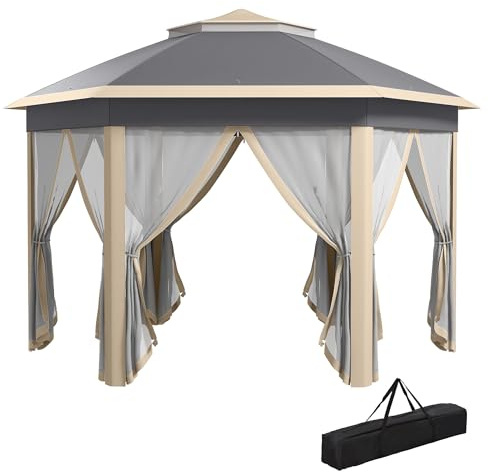 Outsunny 3 x 4m Garden Gazebo Hexagon Pop Up Gazebo Party Tent Canopy Double Roof Instant Shelter with Netting and Carry Bag for Outdoor Patio, Khaki