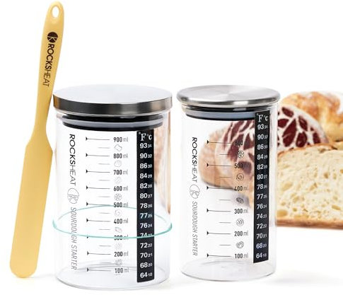 ROCKSHEAT 600&900ml Sourdough Starter Jar Kit, 2 Pack with Thermometer, Silicone Spatula, Feeding Bands & Stainless Steel Lid, Wide Mouth Jar for Bread Baking Supplies