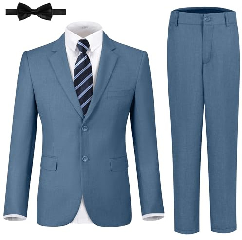Kids Slim Fit Blue Grey Suit for Boys 5 Piece Teen Toddler Formal Tuxedo Suit Set for Wedding Dress Suit with Suit Jacket Pants Set Size 14