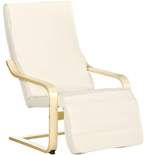 HOMCOM Fauteuil Relax Chaise de Salon avec Repose-Pied réglable déhoussable Confort et Relaxation 94 x 66,5 x 100 cm Bois Massif Crème