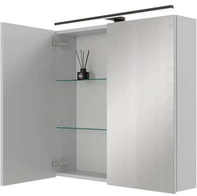 Planetmöbel Aria Armario con Espejo con iluminación, 70 x 70 x 16 cm, Armario de baño suspendido con Espejo, Blanco Gris, con luz y Enchufe, para baño de Invitados
