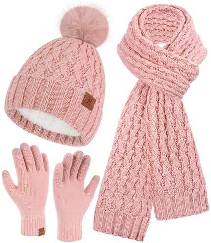 Bequemer Laden Mujeres Invierno Gorro Bufanda Larga Guantes Tactiles Conjunto de Punto Gorras Lana con Pompón Forro Polar Regalo Mujer