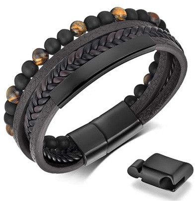 Aeici Läderarmband herr natursten armband flätat rostfritt stål justerbart 19,5 cm/21 cm, 21cm, Läder Rostfritt stål Sten, Ingen ädelsten