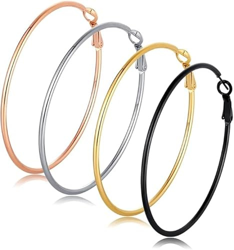 Lot de 4 Paires de Boucles D'oreilles pour Femme - 316L Acier Inoxydable Grandes Boucles D'oreilles Créoles Hypoallergénique Plaqué Or 14K Argent/Or/Or Rose/Noir (40mm)