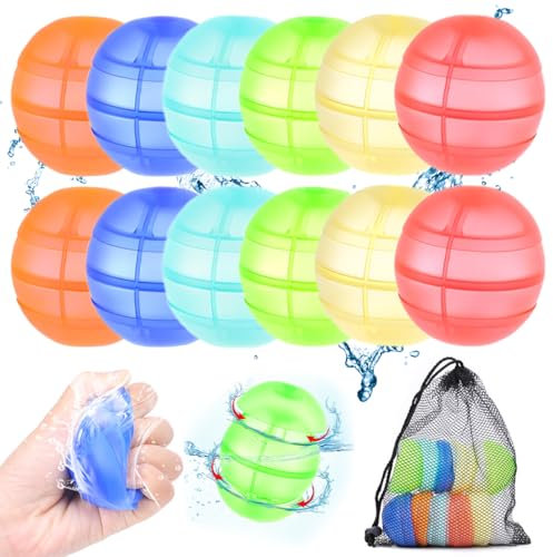 NOPKESV 12 Stück Wiederverwendbare Wasserbomben mit Netzbeutel Selbstschließend Wasserspielzeug Kinder Outdoor Spielzeug Junge Magic Splashy Balls Pool Spielzeug