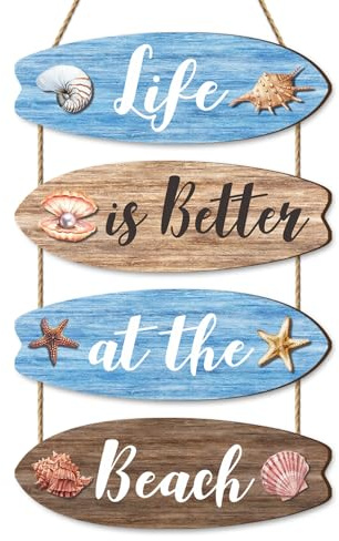 Dazzlewall 4 Decorazioni da Parete per Bagno con Spiaggia, Targhe in Legno Blu con Tavola da Surf, Targhe con Citazioni Motivazionali, Ornamenti per Camera da Letto e Soggiorno, 29x10 cm