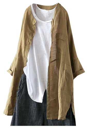 Cardigan d'été long en lin pour femme - Chemisier d'été surdimensionné - Haut à manches longues - T-shirt d'été décontracté - Léger - Élégant - Tunique unie - Avec poches, kaki, M