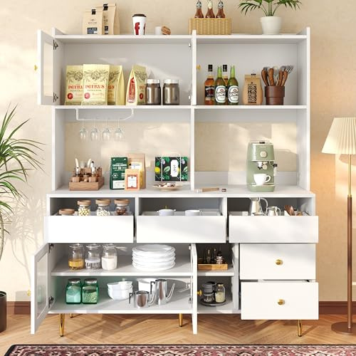 ZONJIE Armadietto da cucina alto 170 cm a buffet con 4 ante, 5 cassetti e vano portaoggetti multistrato, armadio multiuso con piano di lavoro per cucina, soggiorno, sala da pranzo, 145 x 39 x 171 cm