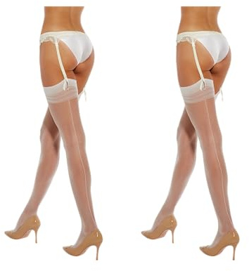 Fiore - Calze velate sexy in nylon con cuciture da donna per uso con reggicalze 20 DEN - Bianco 2 paia - S