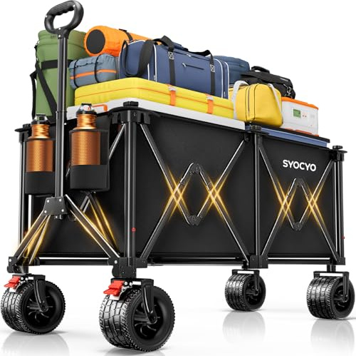 Collapsible Wagon Carts Foldable 570LBS Beach Wagon with Big All-Terrain Wheels Weight Capacity Heavy Duty Utility Carts with Cup Holders for Garden, Camping, Grocery, Sports Black