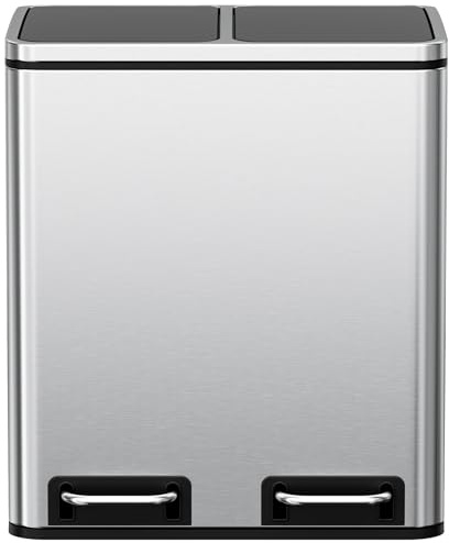 Clevich Cubo de basura de cocina de 30 l, sistema de separación de residuos con 2 compartimentos, 2 x 15 litros, cubo de basura reciclable, tapa de cierre suave, acero inoxidable, color plateado