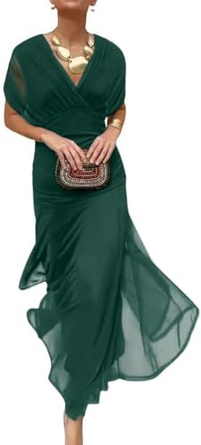 Minetom Vestito Donna Elegante Scollo a V Abito da Sera Festa Cocktail Cerimonia Linea Ad A Vestiti A Verde Scuro XL