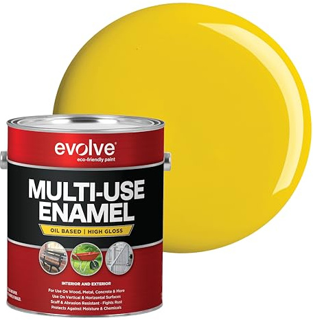EVOLVE Multi-Purpose Alkyd Enamel – Interior Exterior Oil-Based Paint for Wood, Metal, Concrete, & Masonry, High-Gloss, Rust & Abrasion Resistant, 1 Gallon (Safety Yellow, 1 Gallon)