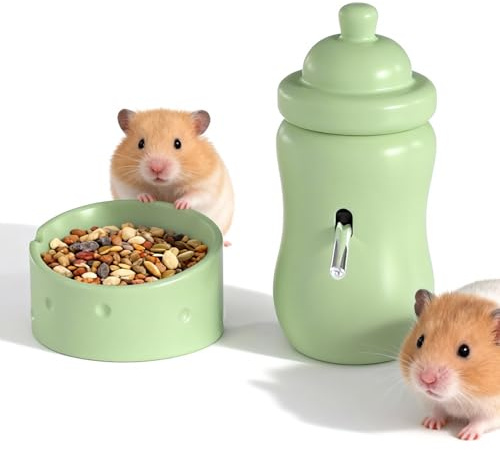 GYJZZW Botella de agua de cerámica para hámster con soporte y juego de cuenco para alimentos, plato de alimentos y dispensador de agua para hámster enano, jerbos sirios, ratones, ratones, accesorios