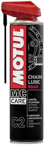 Motul Ketten-Sprühfett für Straßen-Motorräder, Farblos, Geeignet für O-Ring, X-Ring, Z-Ring Ketten, Hochgeschwindigkeitsfest, Wasser- und Salzbeständig, Rostschutz, MC Care Chain Lube Road C2, 400 ml