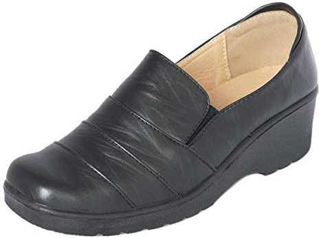 Cushion Walk Women's Ladies Lightweight Faux Leather Slip-on Low Wedge Shoes, Flats, Casual Work Office Comfort Shoes - Mat Black or Patent Black (5 UK, Black Mat)