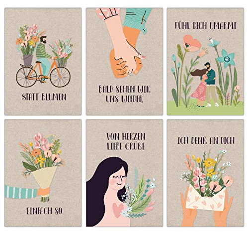Papierdrachen 12 Postkarten mit Blumengruß - Grußkarten für Kinder und Erwachsene - Grüße an Oma, Opa und Freunde in der Ferne senden - Bald sehen wir uns wieder