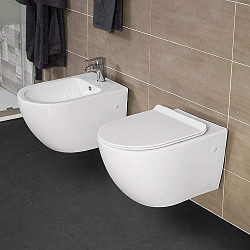 Set Sanitari Vaso + Bidet Sospesi, Rimless, Colore Bianco, Design Moderno, Completo di Copriwater con Chiusura Soft-Close
