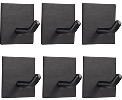 FOMANSH Heavy Duty Adhesive Hooks, Stick on Wall Adhesive Hangers, Strong Stainless Steel Holder, Self Adhesive Hooks for Kitchen Bathroom Home Door Towel Coat Key Robe 6 Packs Black