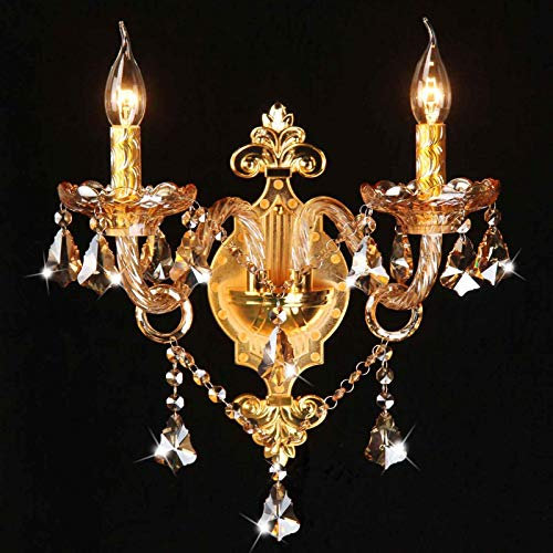 LANMOU Klassische Kerzen Wandleuchte 2 Flammig Mit Klare Kristall 2 Armig Antik Wandlampe Kerzenformig Wandleuchter für Wohnzimmer Schlafzimmer Korridor Eingang Gang E14 2X25W (Golden/Champagner)
