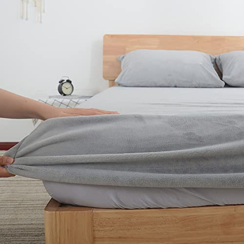 Nayoroom Spannbettlaken Plüsch 140x200cm Grau Flauschig Fleece Winter Spannbetttuch Cashmere Touch Flanell Bettlaken für Boxspringbett Topper Matratze bis 25cm
