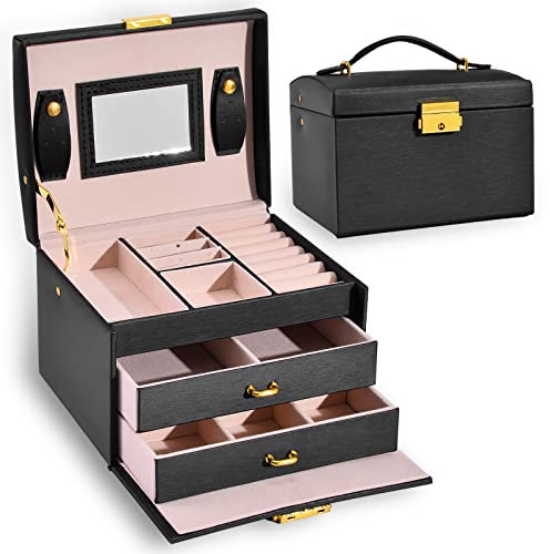 Rainberg 3-Tier Jewellery Box/Organiser with Mirror, High-End PU Leather Lockable Organiser with Handle, Travel Storage, Modern Style, Gift for Loved Ones. (Black, 3-Tier)