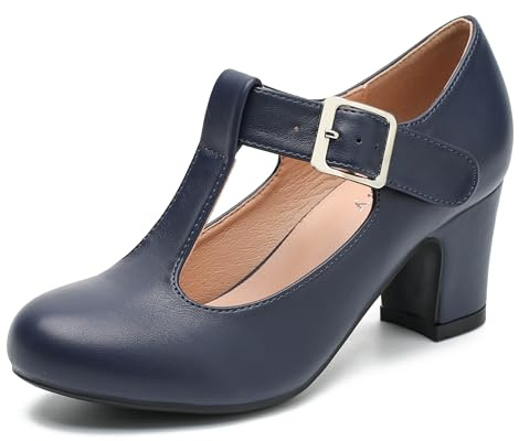 Women's T-Strap Mary Jane Pumps Low Block Chunky Heels Closed Round Toe Ankle Strap Wedding Evening Party Dress Office Work Shoes Navy Blue Matte 41-9US