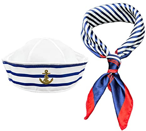 MIVAIUN Randig sjöman hatt och halsduk set, blå och vitrandig sjöman kaptener hatt och röd kant blå bar fyrkantig halsduk, marinblå outfit utklädningsfest för kvinnor män kostym tillbehör