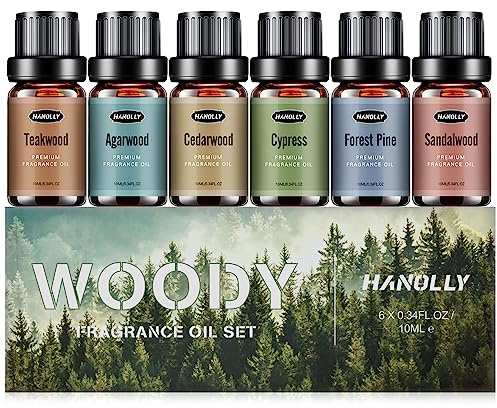 Woody Essential Oils Set, Woody Scents Fragrance Oil Aromatherapy Essential Oils Kit for Diffuser (6x10ML) - Sandalwood, Cedarwood, Teakwood, Agarwood, Cypress, Forest Pine Aromatherapy Oils