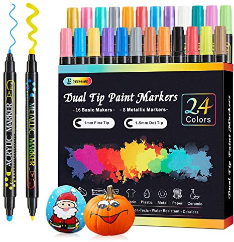 Betoores 24 Acrylstifte Set mit Doppelspitze (8 Metallic Farben), Wasserfest Stifte zum Bemalen von Steinen, Holz, Glas, Papier, Stoff, Leinwand, Keramik - Ideal für DIY & Basteln