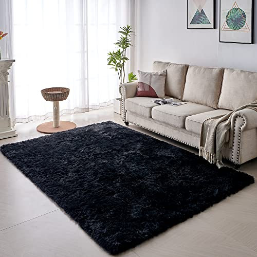 VOFUSHON Alfombra Salón 160 X 230 CM Negro Tapete Pelo Largo Carpet Lavable Antideslizante para Habitación