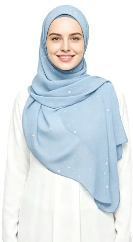 Lina & Lily Hijab Sciarpa Chiffon Donna Musulmana con Brillantini Dorati 72 x 190cm (Blu Pastello)